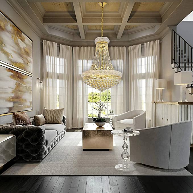 Luxury Empire Foyer K9 Crystal Chandelier Affordable Pendant Ceiling Light in Gold / Chrome Finish
