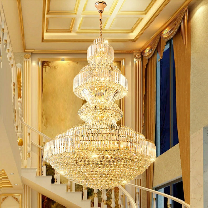 Golden Era Grand Cascade Crystal Chandelier with K9 Clear Crystals and Metal Finish for High Ceilings