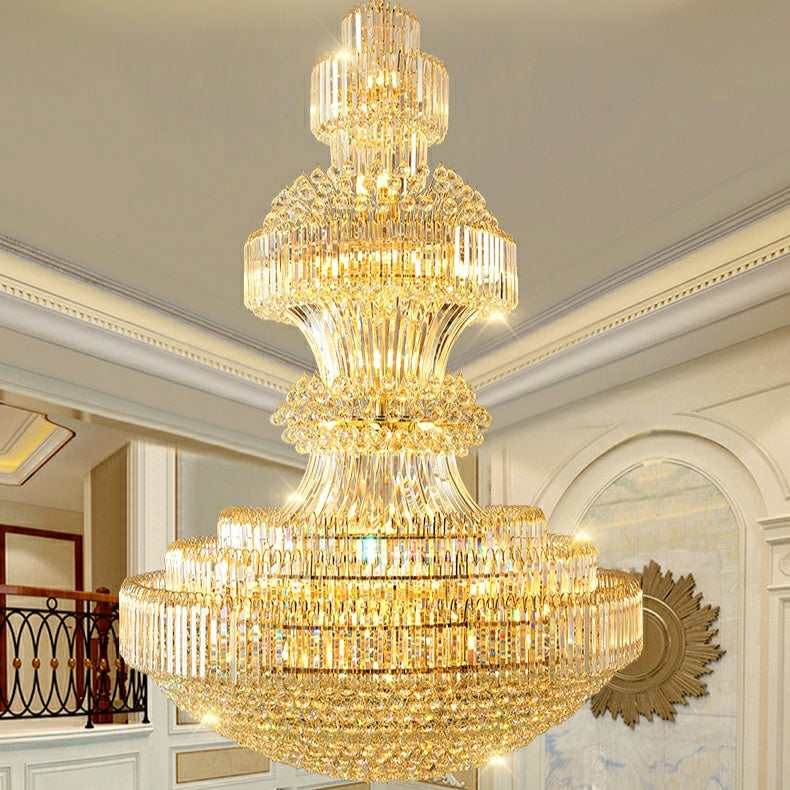 Golden Era Grand Cascade Crystal Chandelier with K9 Clear Crystals and Metal Finish for High Ceilings
