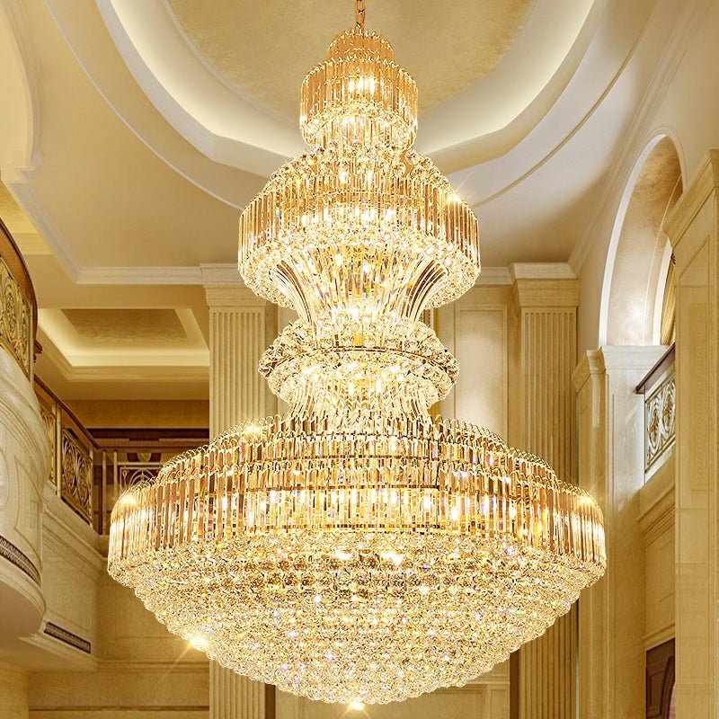 Golden Era Grand Cascade Crystal Chandelier with K9 Clear Crystals and Metal Finish for High Ceilings