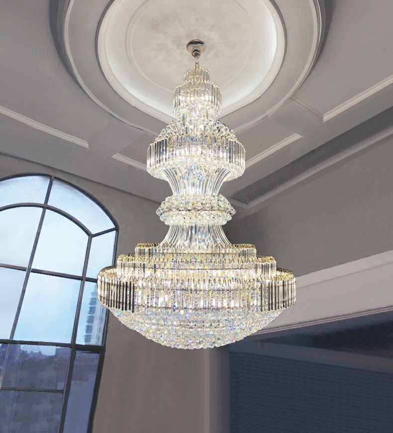 Golden Era Grand Cascade Crystal Chandelier with K9 Clear Crystals and Metal Finish for High Ceilings
