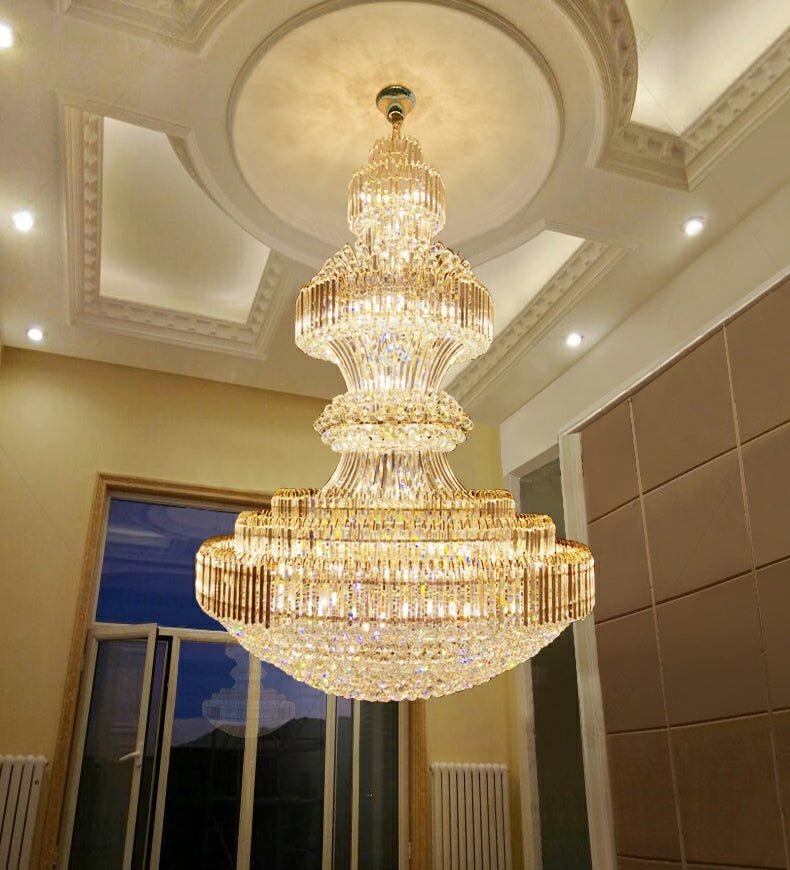 Golden Era Grand Cascade Crystal Chandelier with K9 Clear Crystals and Metal Finish for High Ceilings