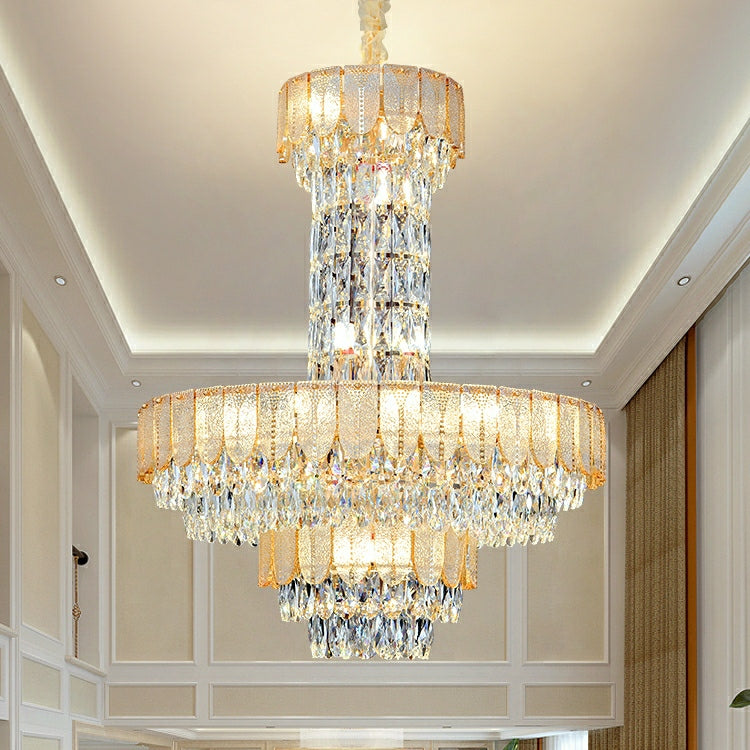 Modern Funnel Crystal and Metal Chandelier with Amber, Gray, and Blue Edges for Low Ceilings
