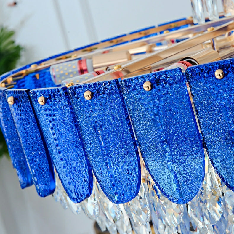 Modern Funnel Crystal and Metal Chandelier with Amber, Gray, and Blue Edges for Low Ceilings