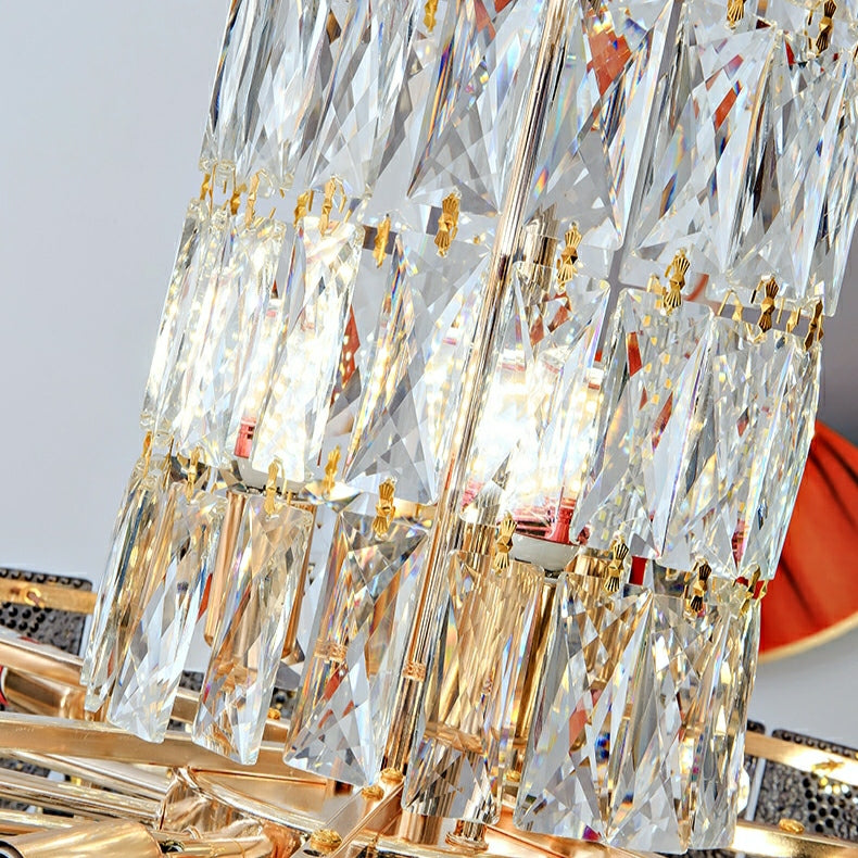 Modern Funnel Crystal and Metal Chandelier with Amber, Gray, and Blue Edges for Low Ceilings