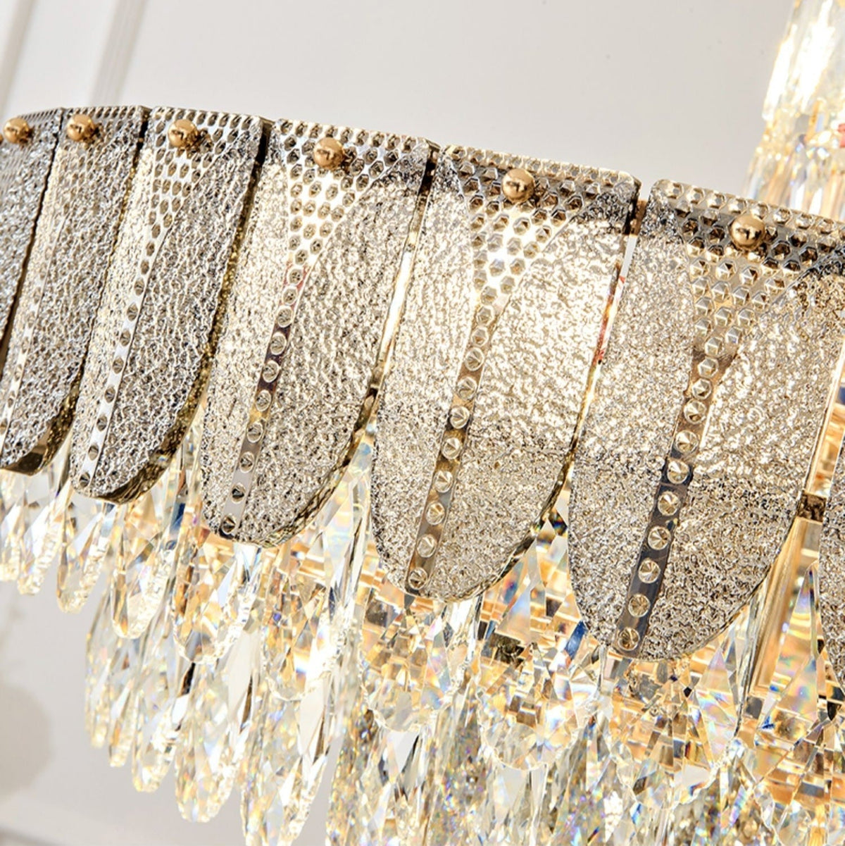 Modern Funnel Crystal and Metal Chandelier with Amber, Gray, and Blue Edges for Low Ceilings