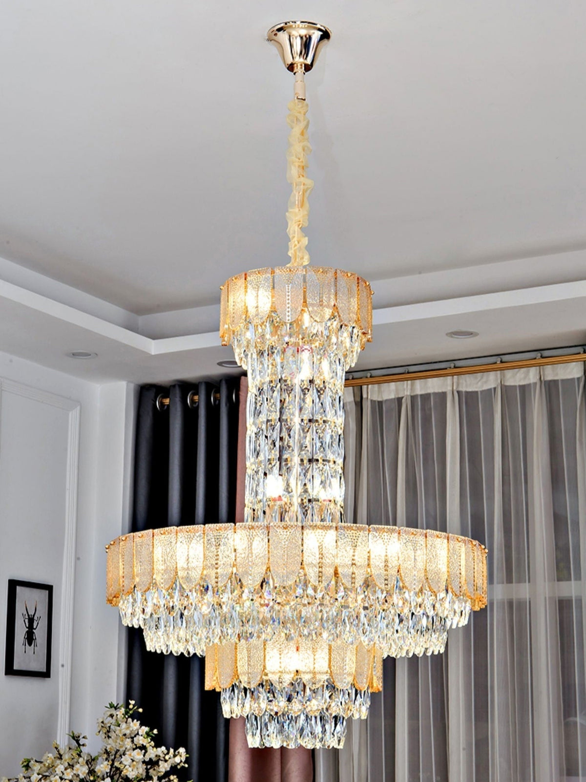 Modern Funnel Crystal and Metal Chandelier with Amber, Gray, and Blue Edges for Low Ceilings