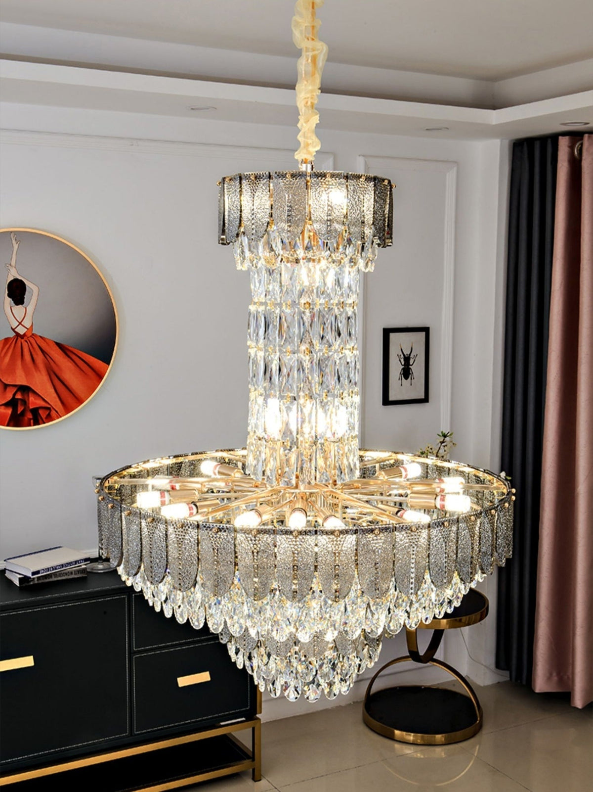 Modern Funnel Crystal and Metal Chandelier with Amber, Gray, and Blue Edges for Low Ceilings