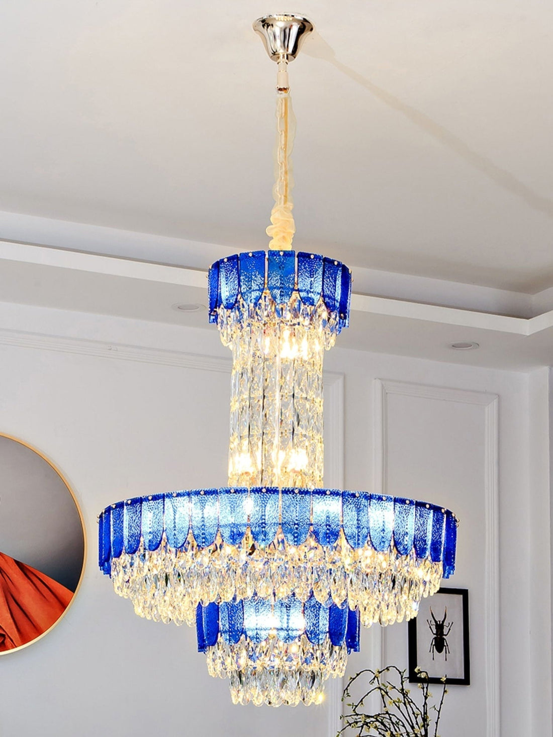 Modern Funnel Crystal and Metal Chandelier with Amber, Gray, and Blue Edges for Low Ceilings