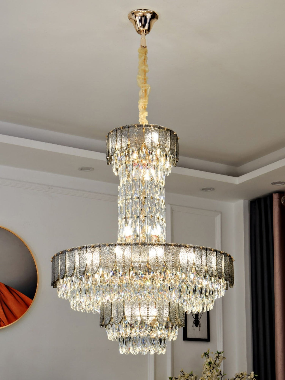 Modern Funnel Crystal and Metal Chandelier with Amber, Gray, and Blue Edges for Low Ceilings