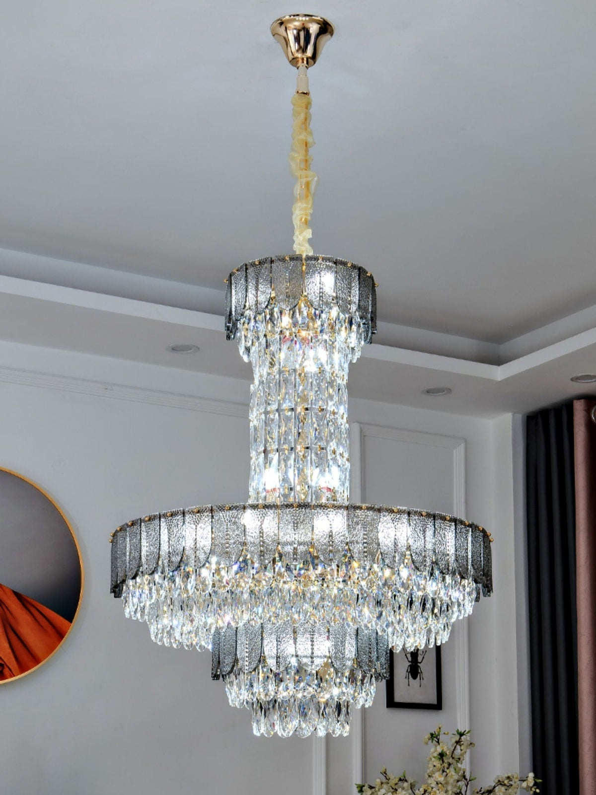 Modern Funnel Crystal and Metal Chandelier with Amber, Gray, and Blue Edges for Low Ceilings