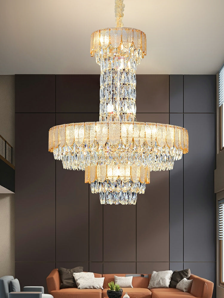Modern Funnel Crystal and Metal Chandelier with Amber, Gray, and Blue Edges for Low Ceilings