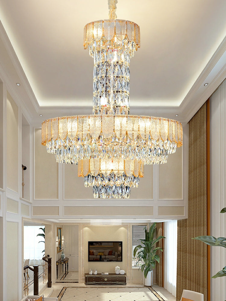 Modern Funnel Crystal and Metal Chandelier with Amber, Gray, and Blue Edges for Low Ceilings