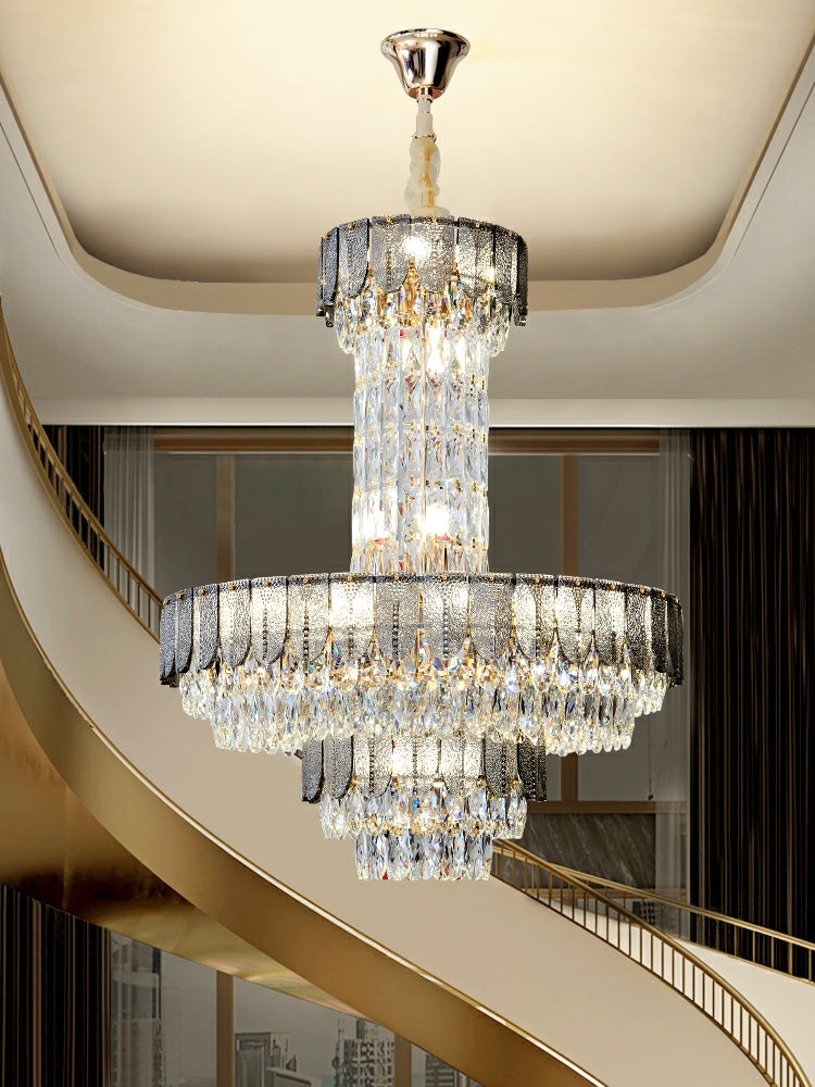 Modern Funnel Crystal and Metal Chandelier with Amber, Gray, and Blue Edges for Low Ceilings