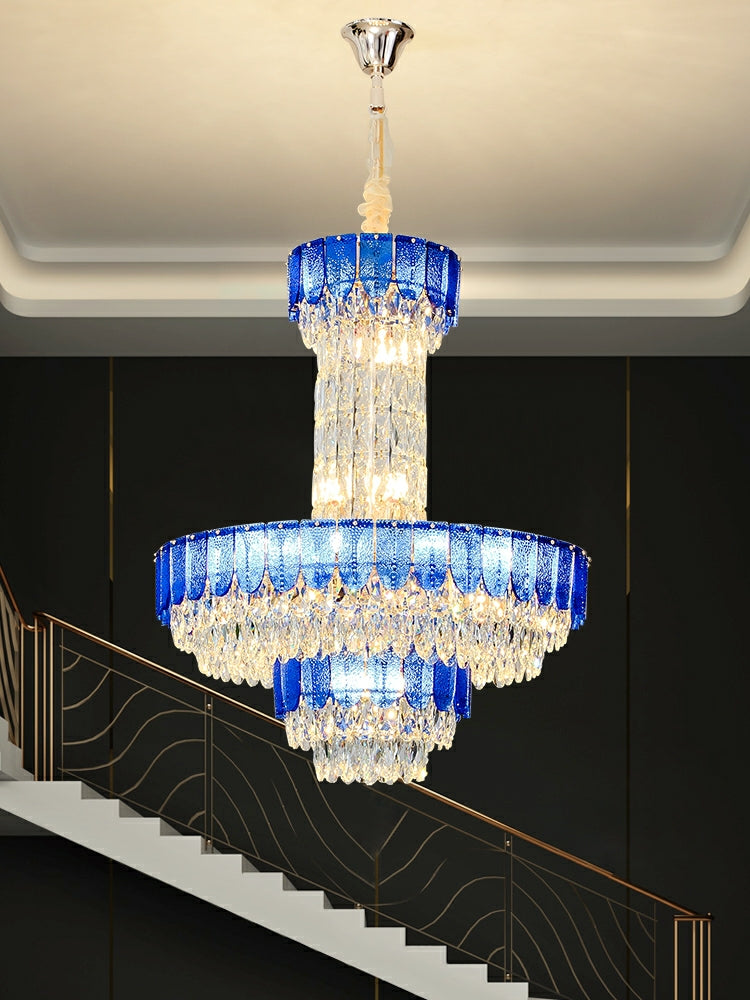 Modern Funnel Crystal and Metal Chandelier with Amber, Gray, and Blue Edges for Low Ceilings