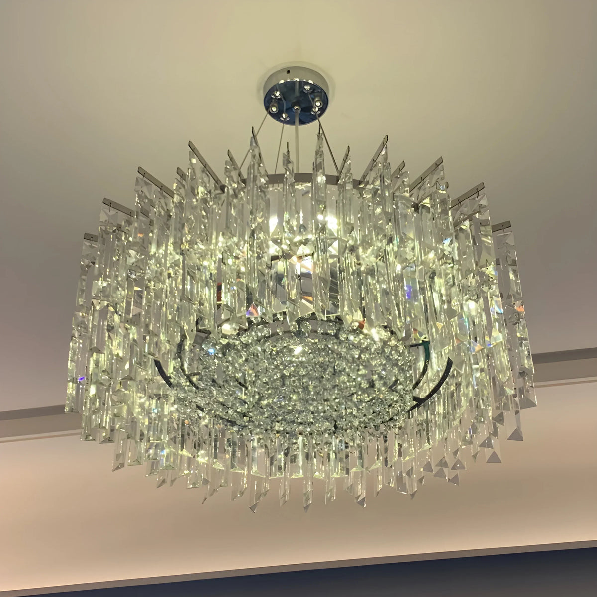Chrome Silver Stylish Round Crystal Chandelier Modern Ceiling Pendant Light for Living Room / Bedroom