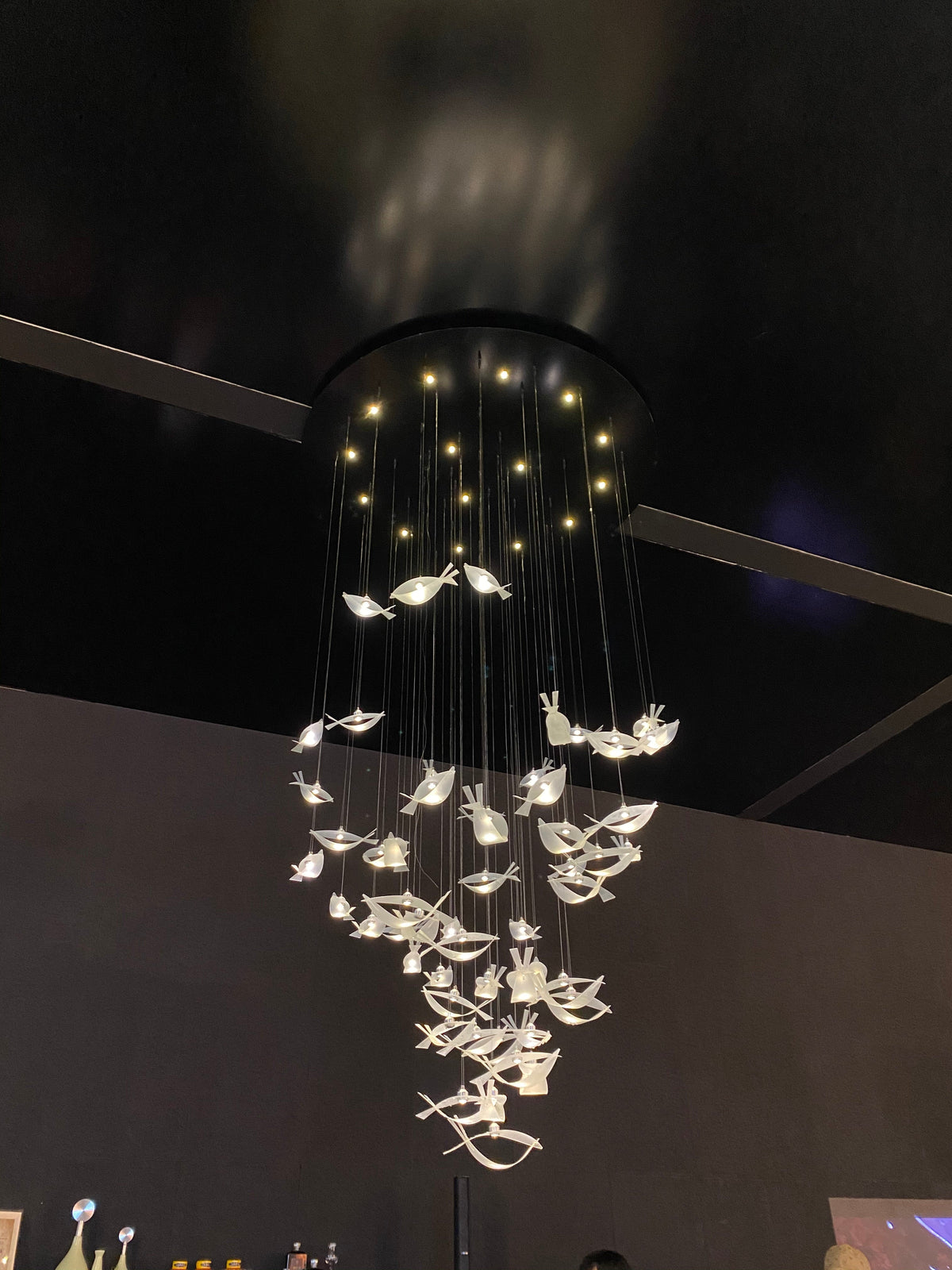 Modern Tiered Floating Acrylic and Metal Fish Chandelier for Staircase Foyer Living Room