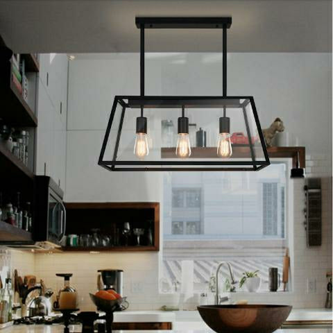 Modern Black Cage Style Glass Lamp Shade Pendant Light Farmhouse 1 / 3 / 4 Lights Chandelier for Long Dining