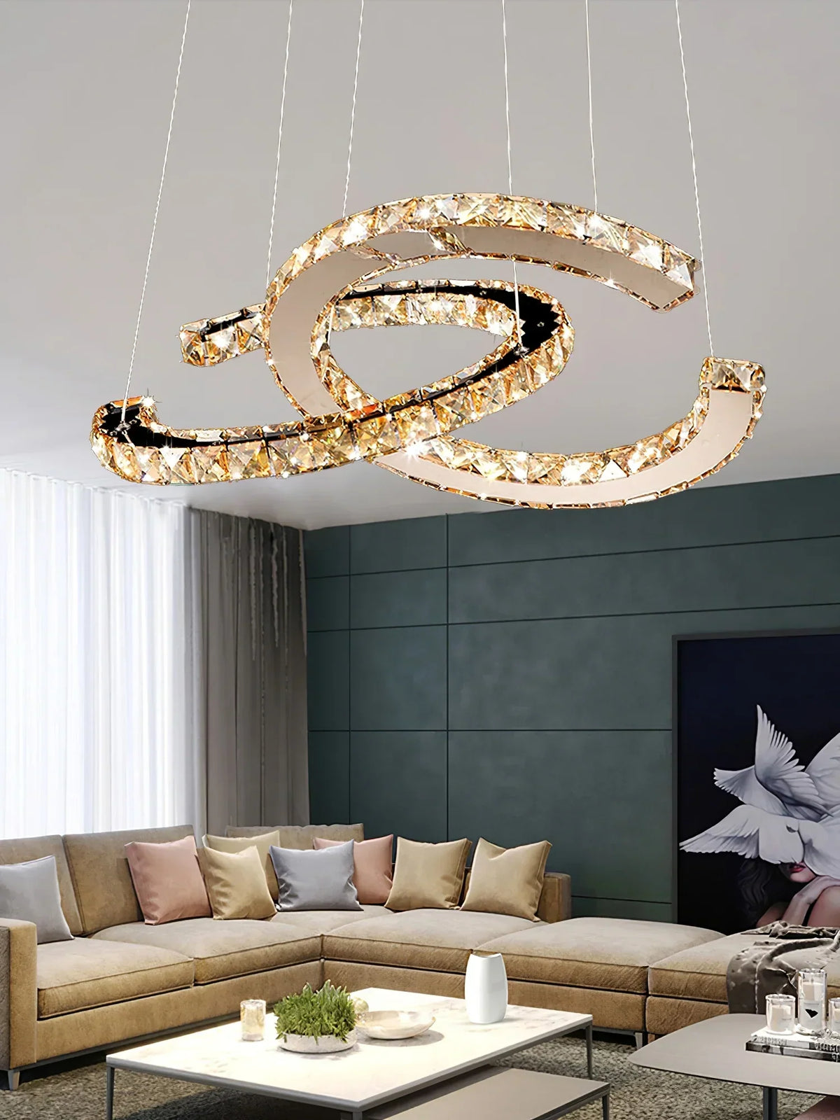 Modern Crystal Double C Chandelier with Chrome Finish and K9 Crystal for Dining, Living, Bedroom