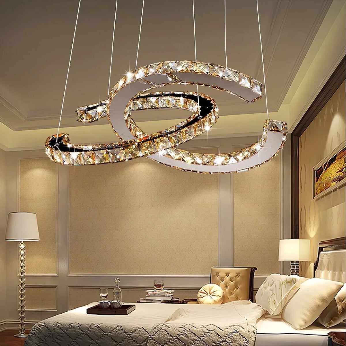 Modern Crystal Double C Chandelier with Chrome Finish and K9 Crystal for Dining, Living, Bedroom