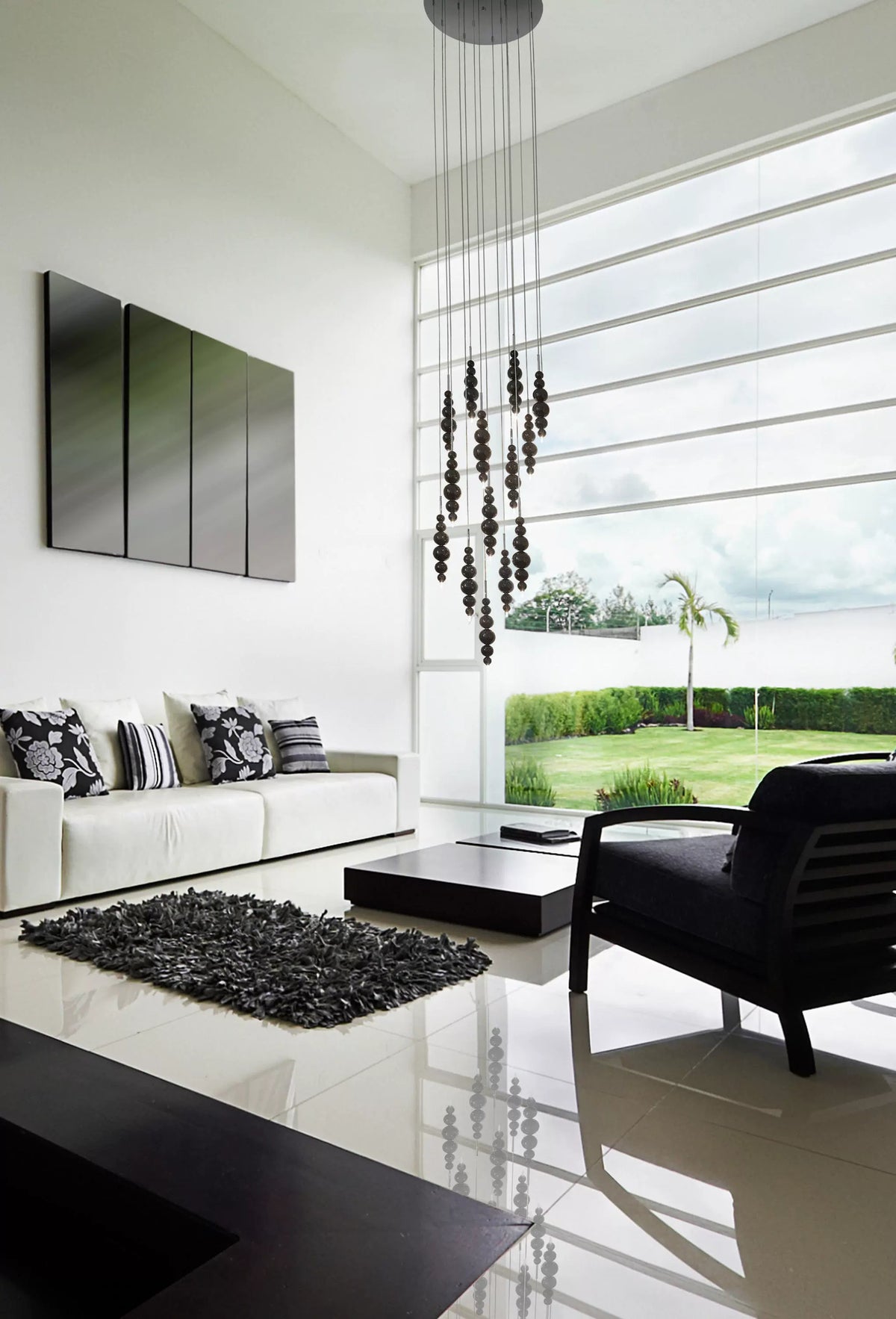 Modern Black & White Glass Ball Cluster Chandelier – Round / linear Metal Finish for Living & Dining Room