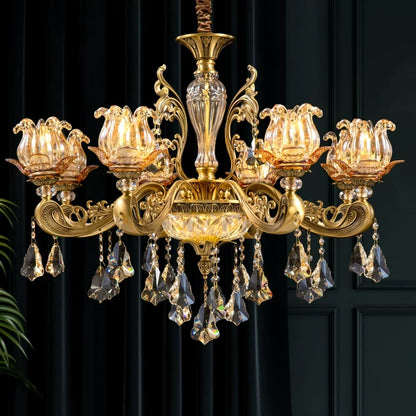 Vintage Brass Crystal Chandelier with Amber Glass Flower Shades