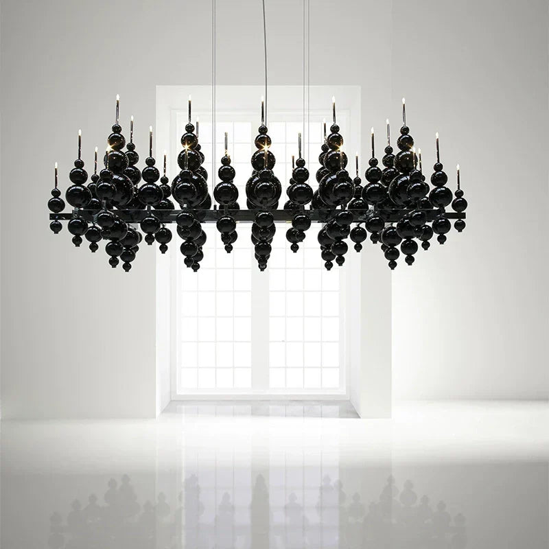 Modern Black & White Glass Ball Cluster Chandelier – Round / linear Metal Finish for Living & Dining Room