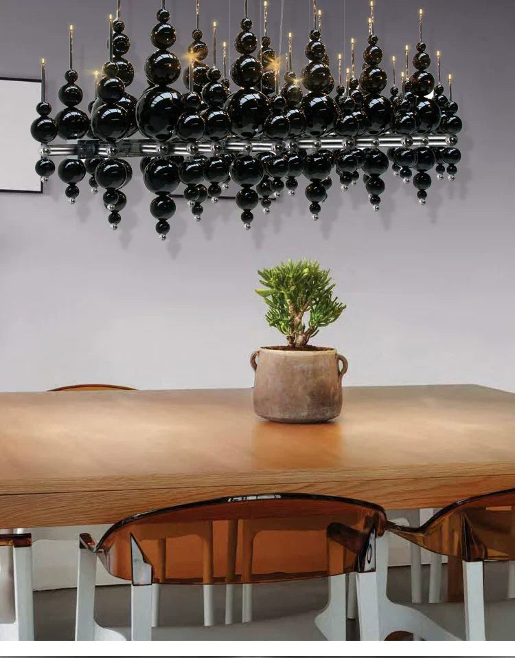 Modern Black & White Glass Ball Cluster Chandelier – Round / linear Metal Finish for Living & Dining Room