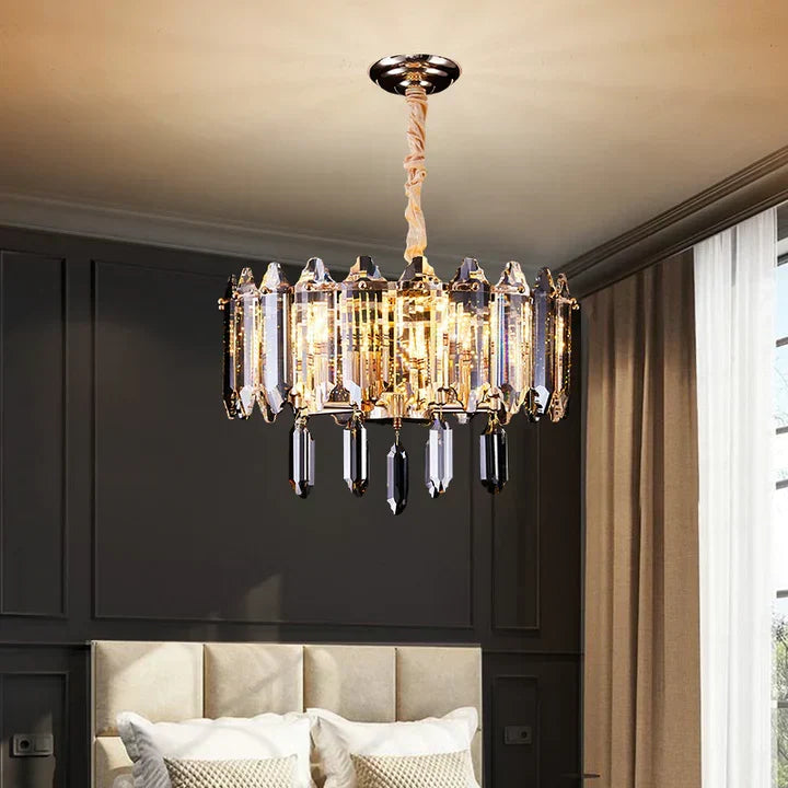 Modern Transparent Crystal and Gold Chandelier with Oval Slices, Round & Rectangle Shapes, High-Quality Finish