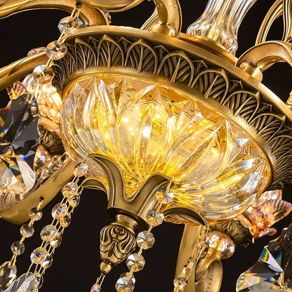 Vintage Brass Crystal Chandelier with Amber Glass Flower Shades