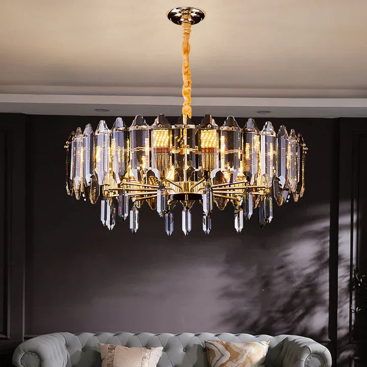 Modern Transparent Crystal and Gold Chandelier with Oval Slices, Round & Rectangle Shapes, High-Quality Finish