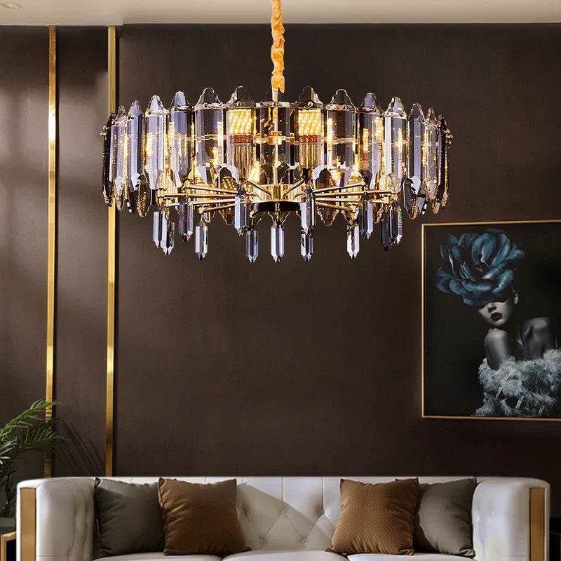 Modern Transparent Crystal and Gold Chandelier with Oval Slices, Round & Rectangle Shapes, High-Quality Finish