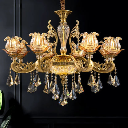 Vintage Brass Crystal Chandelier with Amber Glass Flower Shades
