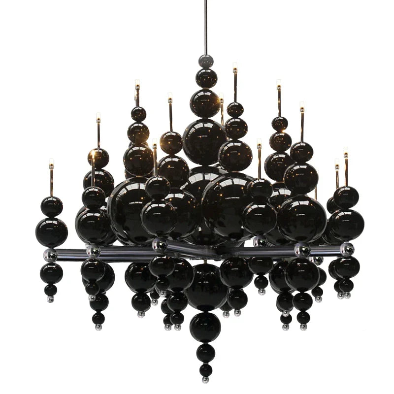 Modern Black & White Glass Ball Cluster Chandelier – Round / linear Metal Finish for Living & Dining Room