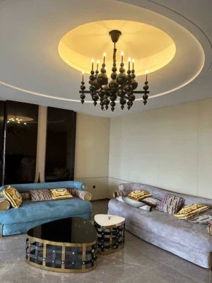 Modern Black & White Glass Ball Cluster Chandelier – Round / linear Metal Finish for Living & Dining Room