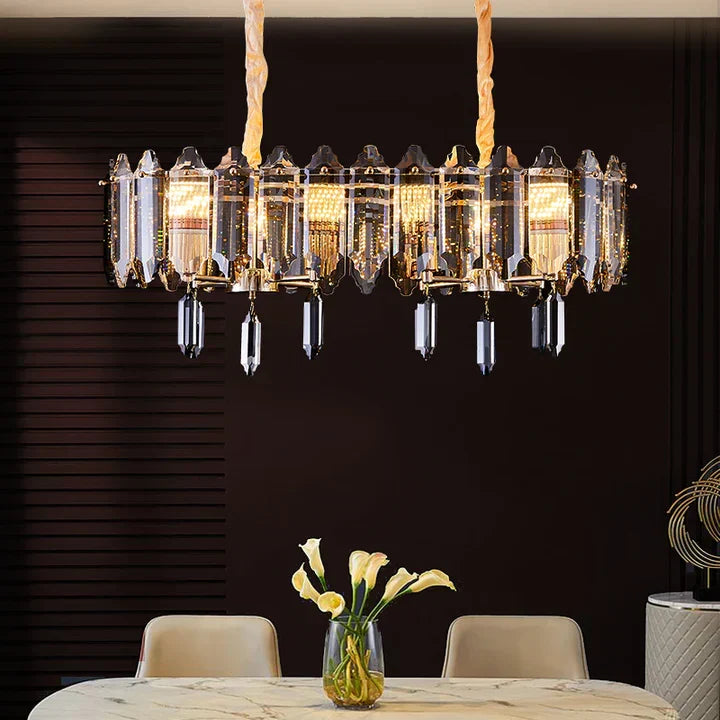 Modern Transparent Crystal and Gold Chandelier with Oval Slices, Round & Rectangle Shapes, High-Quality Finish