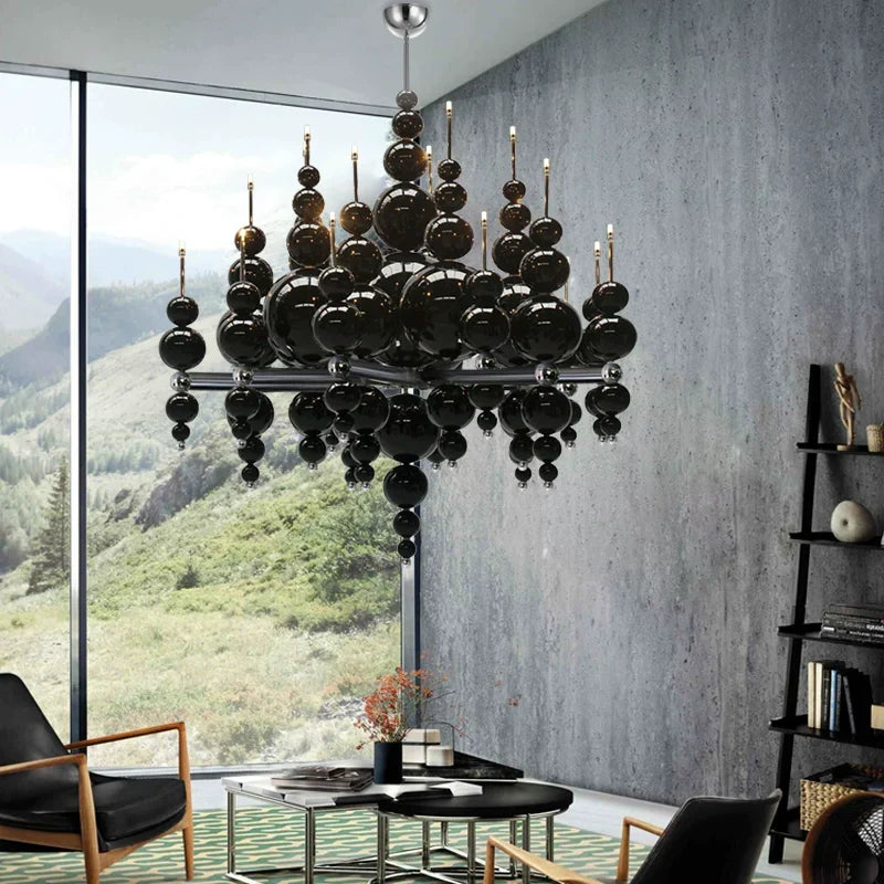 Modern Black & White Glass Ball Cluster Chandelier – Round / linear Metal Finish for Living & Dining Room