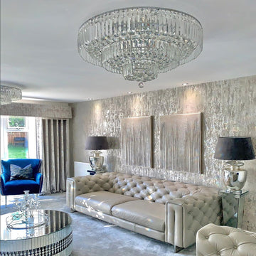 Extra Large Multi-Tier Round Flush Mount Crystal Rods Chandelier for Living Room