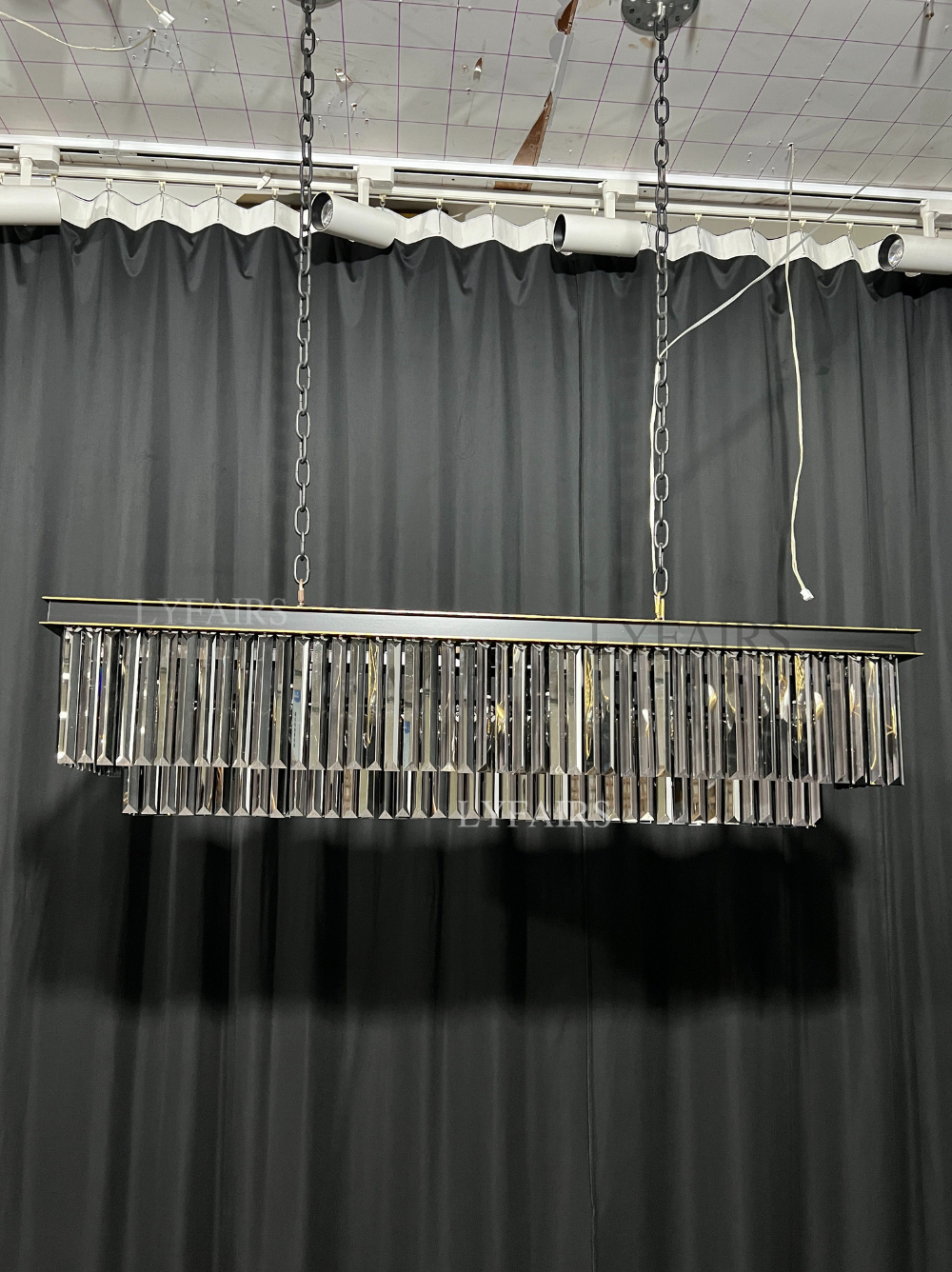 Fashion Kitchen Island Crystal Chandelier in Black / Smoky Gray Finish Two Tiers Rectangle Chain Pendant Light