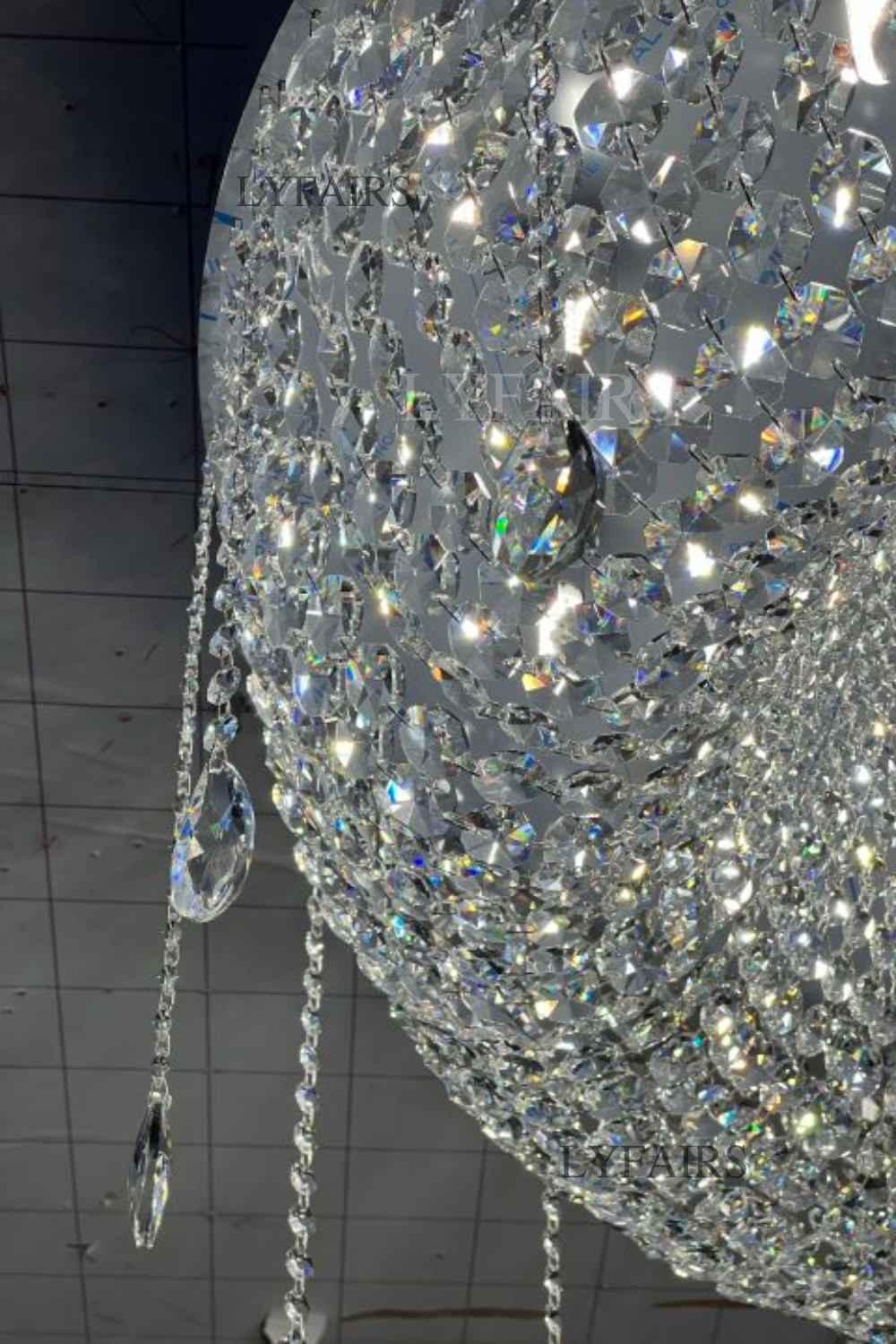 Extra Large Round Silver Flush Mount Luxury K9 Crystal Waterfall Chandelier for High-Ceiling Living Room
