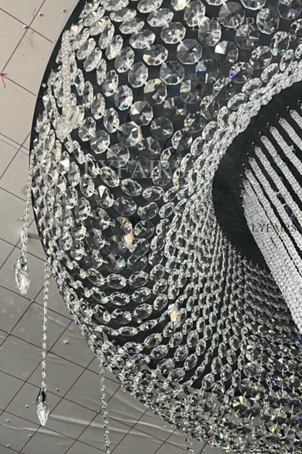 Extra Large Round Silver Flush Mount Luxury K9 Crystal Waterfall Chandelier for High-Ceiling Living Room