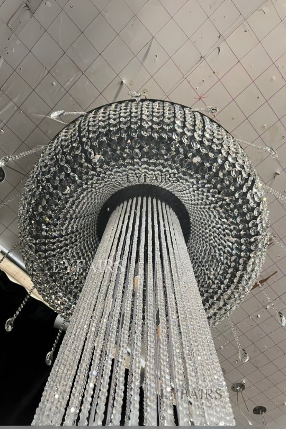 Extra Large Round Silver Flush Mount Luxury K9 Crystal Waterfall Chandelier for High-Ceiling Living Room