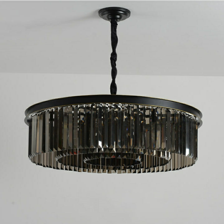 Black Finish Round Crystal Chandelier Pendant Light with Smoky Gray Accents, High-Quality K9 Crystal and Metal