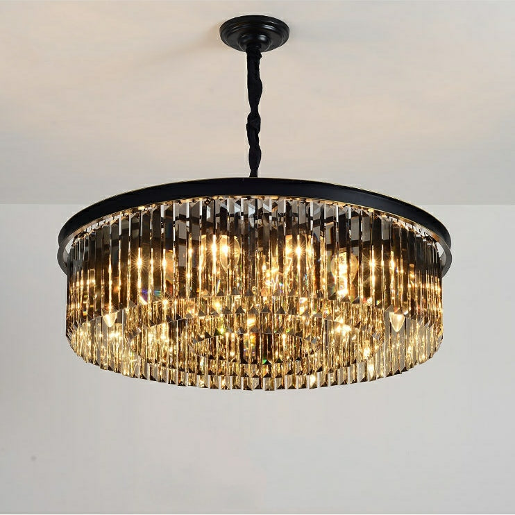 Black Finish Round Crystal Chandelier Pendant Light with Smoky Gray Accents, High-Quality K9 Crystal and Metal