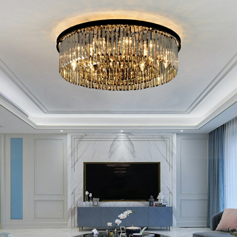Black Finish Round Crystal Chandelier Pendant Light with Smoky Gray Accents, High-Quality K9 Crystal and Metal