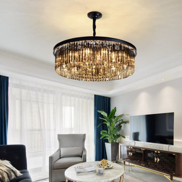 Black Finish Round Crystal Chandelier Pendant Light with Smoky Gray Accents, High-Quality K9 Crystal and Metal