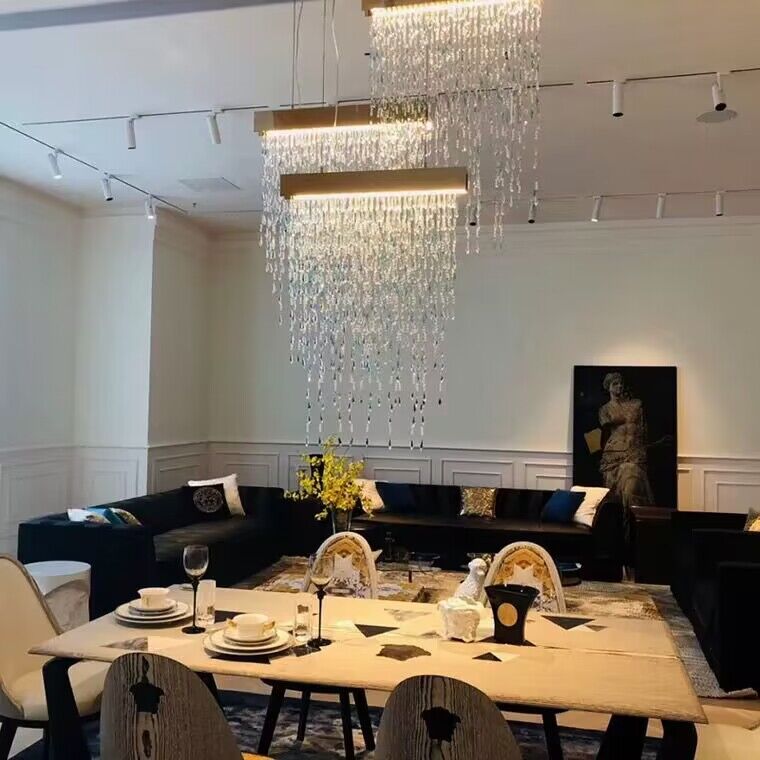 Modern K9 Crystal Tassel Waterfall Chandelier with Stainless Steel Finish for Dining Room and Kitchen Island