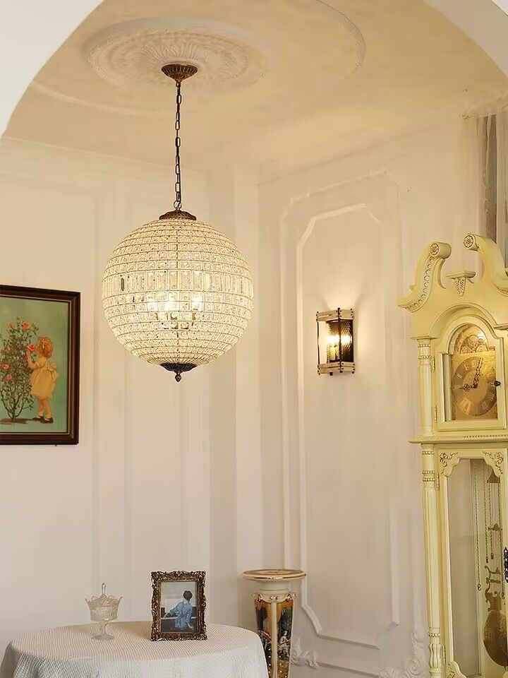 Vintage Sphere Crystal Chandelier with Dark Bronze or French Gold Finish – Designer Metal &