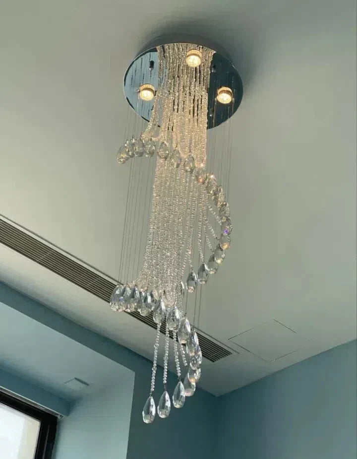 Flush Mounted Spiral Crystal Drops Chandelier Round LED Ceiling Lighting for Foyer Staircase / Hotel Entrance