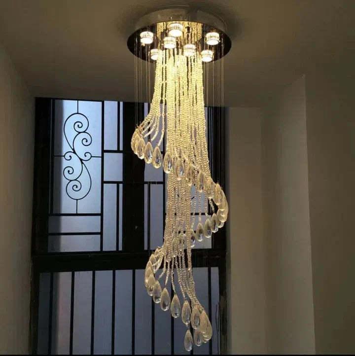 Flush Mounted Spiral Crystal Drops Chandelier Round LED Ceiling Lighting for Foyer Staircase / Hotel Entrance